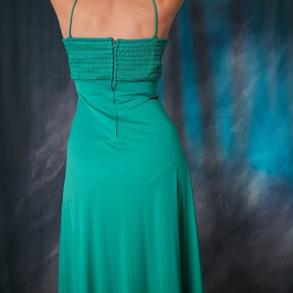 Emerald Green 70's Halter Dress Maxi Disco Era - Picture 5 of 12